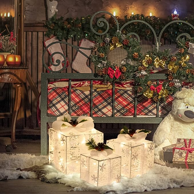 Christmas Lighted Gift Boxes with Snowflake Ornament, 3 Pack Pre-lit Present Boxes Set Battery Operated with Different Sizes for Holiday Indoor Outdoor Decorations (3 Pack) (Snowflake-2)