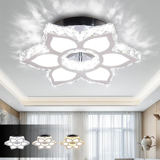 FRIXCHUR 13.4" Crystal Chandelier Crystal Ceiling Light Modern LED Flush Mount Chandeliers Light Fixture Flower Shape Ceiling Lamp for Bedrooms Living Dining Room 2700K/4000K/6500K Changeable Color