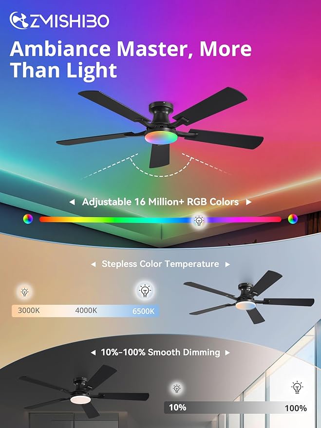 ZMISHIBO 52 Inch RGB Ceiling Fan with Light, App&Remote Control, Flush Mount Low Profile, Dimmable 20W LED Light, Quiet Reversible Motor for Bedroom, Living Room, Apartment, Black