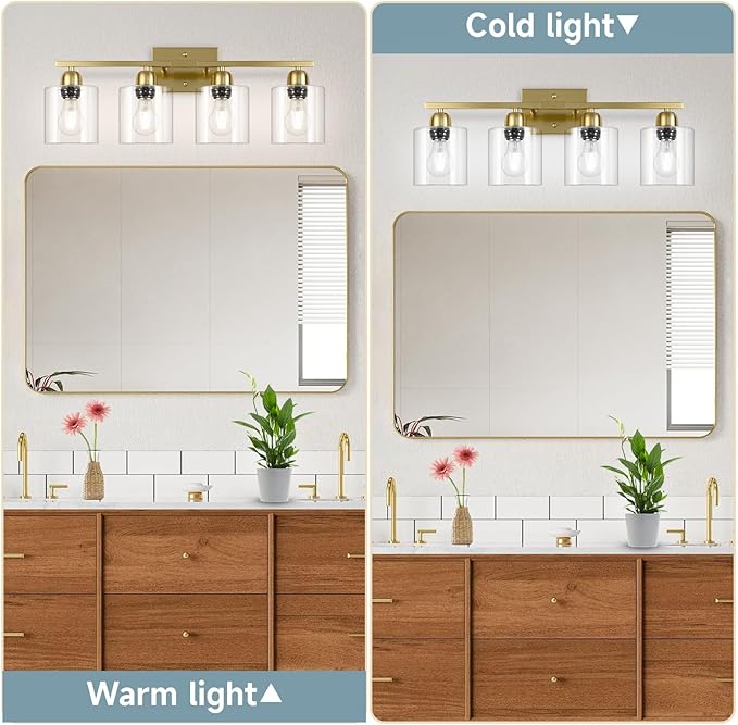 4 Light Gold Light Fixture Bathroom, Brushed Gold Vanity Light with Clear Glass, Lights for Bathroom Mirror for Mirror Living Room Bedroom Hallway E26 Base
