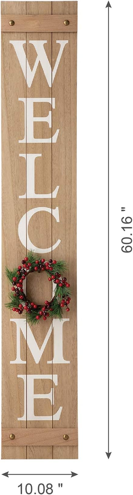 Glitzhome Welcome Sign with 4 Interchangeable Floral Wreaths for Front Door Porch, Farmhouse Wooden Hanging Wall Sign for Seasons Spring Fall Harvest Thanksgiving Christmas, 60”H, Natural