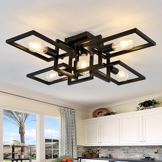ZGLAOJT Black Industrial Flush Mount Ceiling Light 5-Light Kitchen Light Fixtures Modern Large Matte Sputnik Chandelier for Dining Room Bedroom Farmhouse Living Room