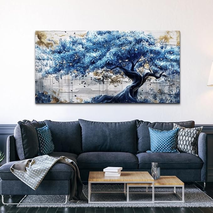 ERQINHUA Large Canvas Wall Decor For Living Room Wall Art For Bedroom Office Decor Blue Tree Wall Paintings Farmhouse Abstract Watercolour Pictures Artwork Home Decor Ready To Hang Posters 30"X60"