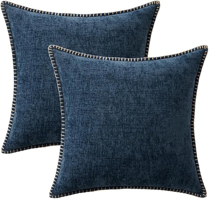 MIULEE Pack of 2 Couch Throw Pillow Covers 18x18 Inch Coastal Navy Blue Farmhouse Decorative Pillow Covers with Stitched Edge Soft Chenille Solid Dyed Spring Pillow Covers for Sofa Bed Living Room