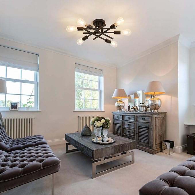 ASGYISA Semi Flush Mount Modern Ceiling Light Fixture, 6 Lights Black Vintage Matte Sputnik Chandelier Ceiling Lamp with E26 Bulb Base for Farmhouse Dining Room Living Room Bedroom Study Kitchen