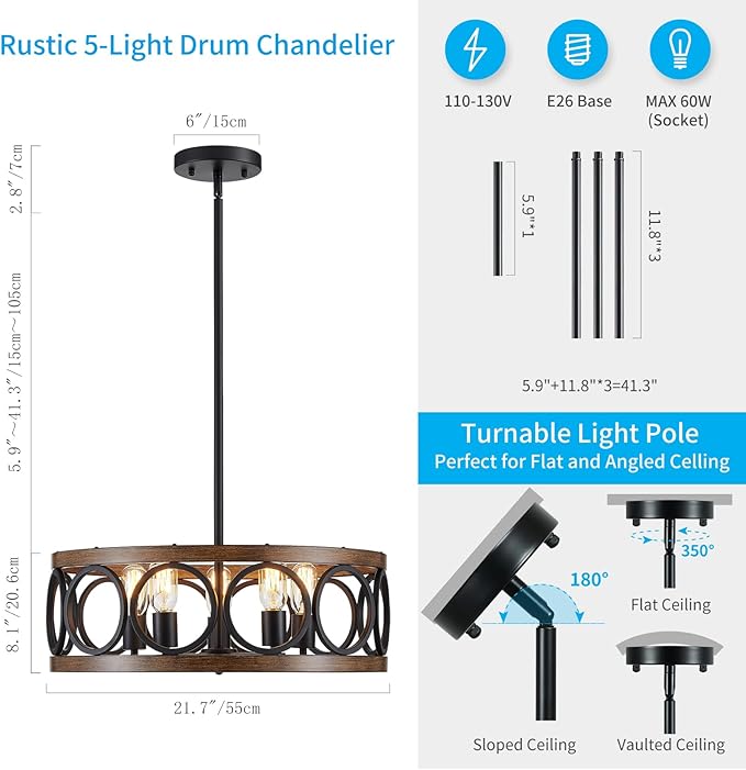 XINGQI Dining Room Chandelier 5-Light Black Modern Chandelier 21.7'' Farmhouse Drum Pendant Light Fixture for Living Room Kitchen Island Bedroom Office with Wood Grain Finish
