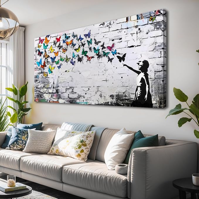 Colorful Graffiti Wall Art Funny Butterfly Paintings Banksy Street Art Mural Pop Art Home Office Wall Decor Framed Canvas Wall Decor for Living Room Ready to Hang - 48x24in