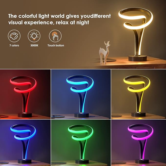 Spiral RGB LED Table Lamp - 7 Colors Touch Dimmable, 10 Lighting Modes Night Light for Bedroom Office, USB Powered Modern Desk Lamp, Ideal Gift (Black)