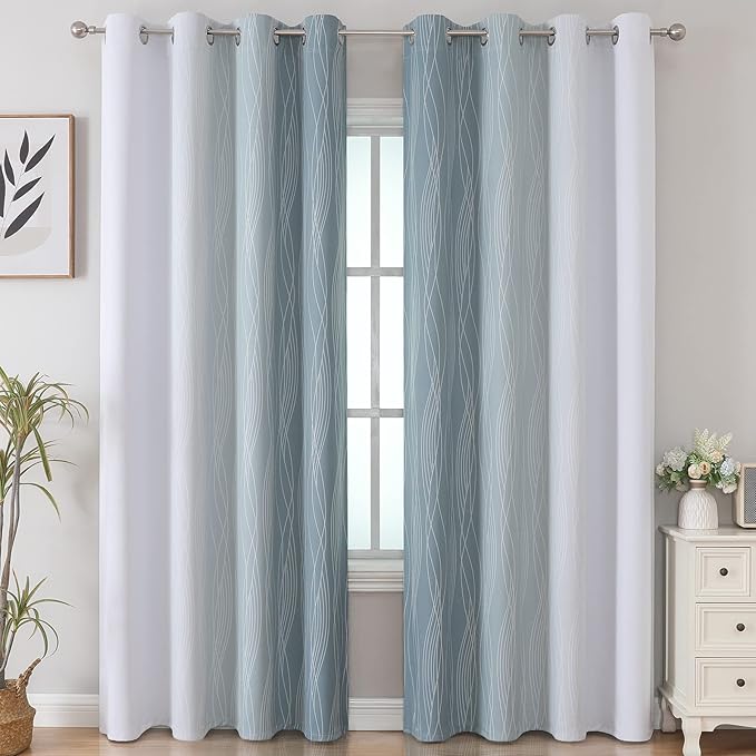 Estelar Textiler Blackout Curtains 102 Inches Long 2 Panels for Living Room, Stone Blue and Greyish White Thermal Insulated Full Light Blocking Ombre Grommet Drapes for Bedroom, 52Wx102L