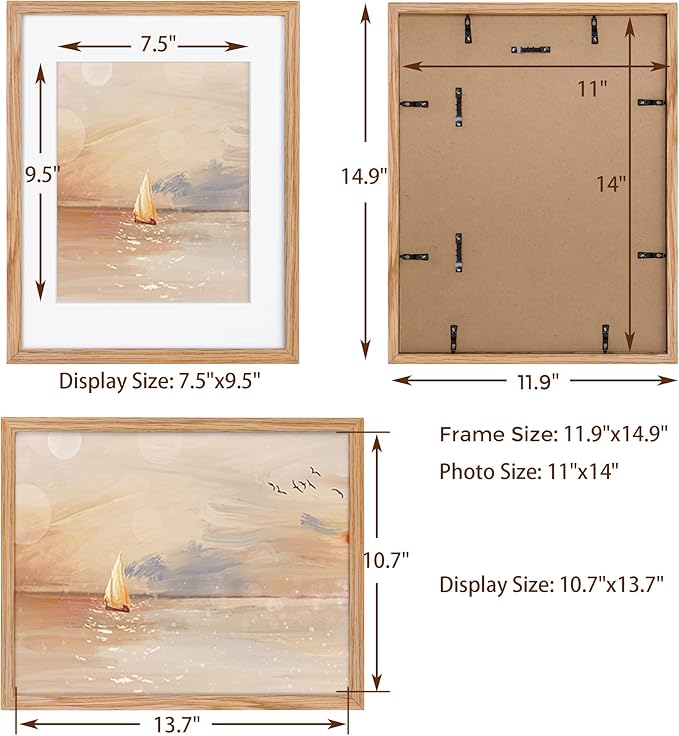 11x14 Picture Frame, Solid Oak Wood 11"x14" Photo Frame, 11 x 14 Frame for Wall, 11 x 14 Picture Frame With Mat for 8x10, Real Tempered Glass, 11 by 14 Wood Frame (Natural Oak Color, 1 Pack)