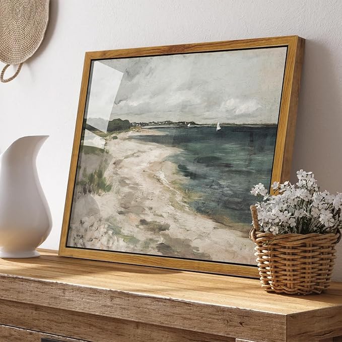 KBKBART Vintage Wall Art, Retro Coastal Seaside Beach House Framed Canvas Art Prints Painting Farmhouse Decor, Rustic Impressionism Scenic Landscape Wall Decor for Bathroom, Bedroom Living Room,