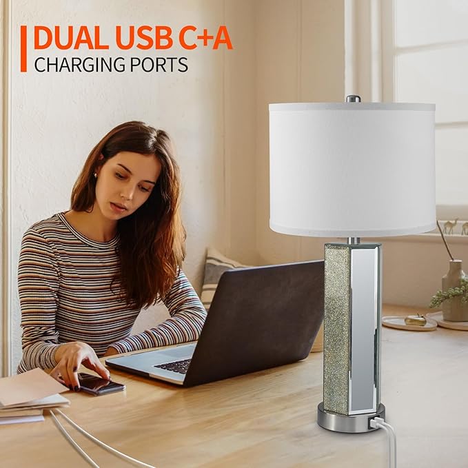Touch Control Table Lamps Set of 2, Modern Silver Mirror Bedside Lamp with 2 USB Ports, 3-Way Dimmable Real Marble Gold Nightstand Lamp for Living Room, Bedroom Home Office Hotel Bar