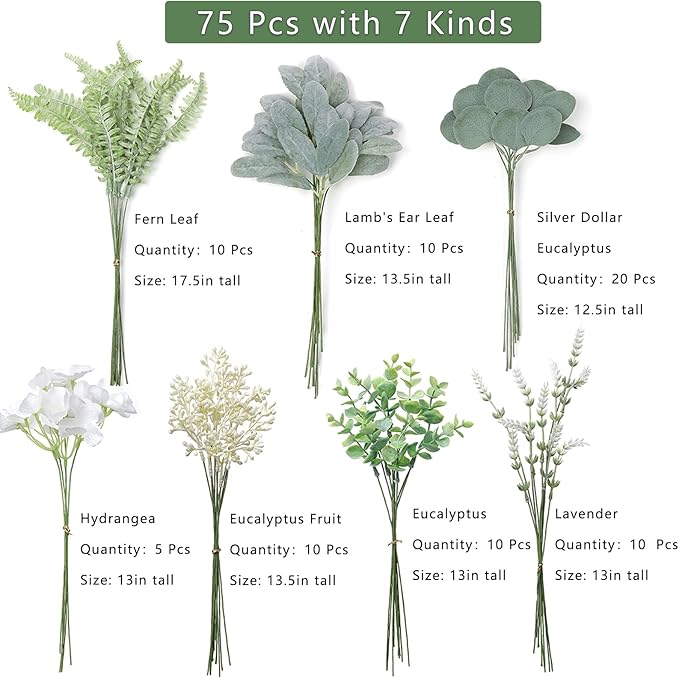 YXZZWL Artificial Greenery Stems Box Set,75 Pcs with 7 Kinds of Faux Greenery Branches Fake Eucalyptus for Wedding DIY Bouquets Floral Arrangement Table Centerpieces (Dusty Green & Beige)