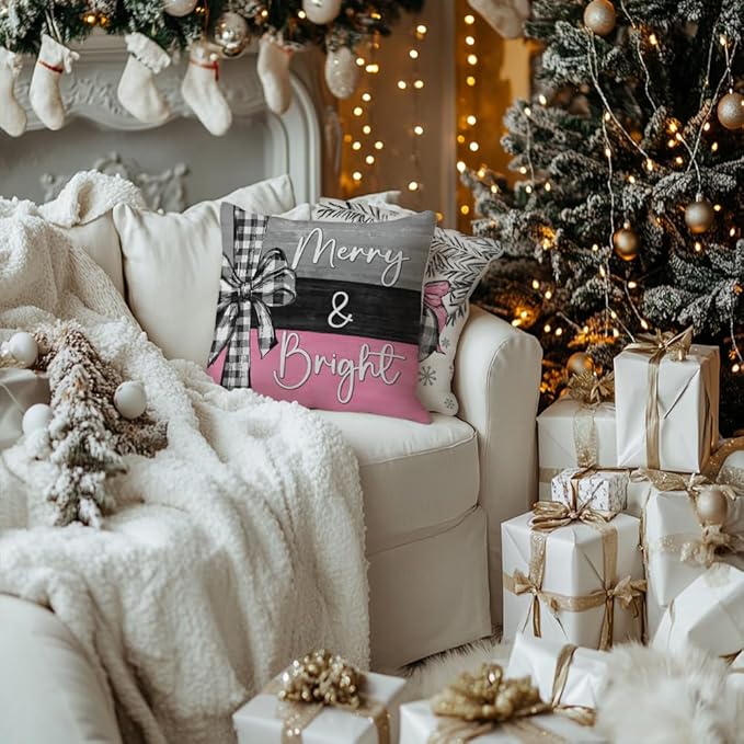 GEEORY Christmas Throw Pillow Covers 20 x 20 Inch Set of 4, Xmas Trees Merry and Bright Happy Holidays Farmhouse Decorative Cushion Cases for Home Decoration G596-20