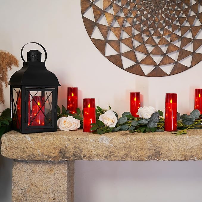 Raycare Flameless Candles with Embedded Star String, 9 Pcs Battery Operated Acrylic Pillar Candles with Timer and Remote, LED Candles for Romantic Ambiance and Home Decoration (Red)