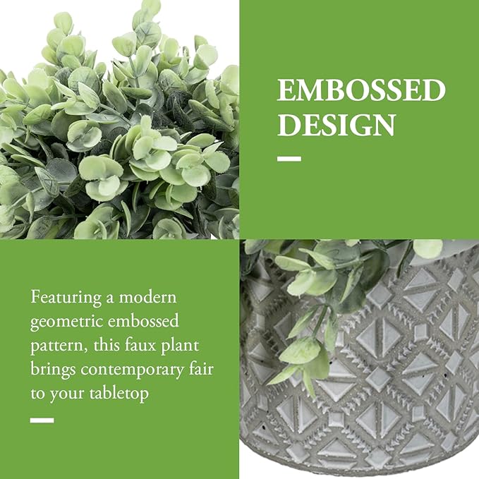 MyGift Artificial Eucalyptus Plant in Modern Gray Concrete Pots with Geometric Embossed Pattern (2, Grey)