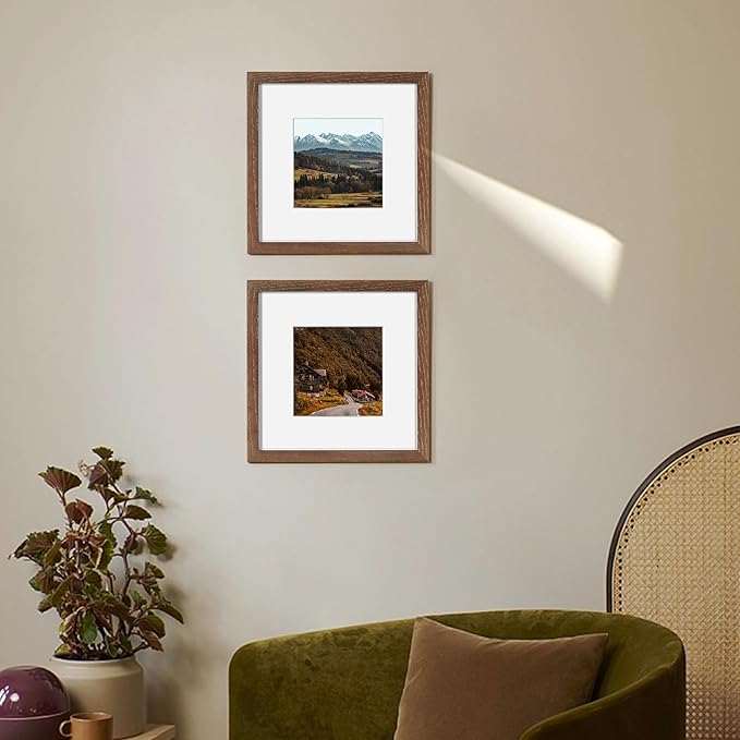 8x8 Square Picture Frame, Solid Oak Wood 8"x8" Photo Frames - Real Tempered Glass, 8x8 Frame with Stand for Tabletop Display, 8 x 8 Wood Frame for Wall (Walnut Color, 1 Pack)