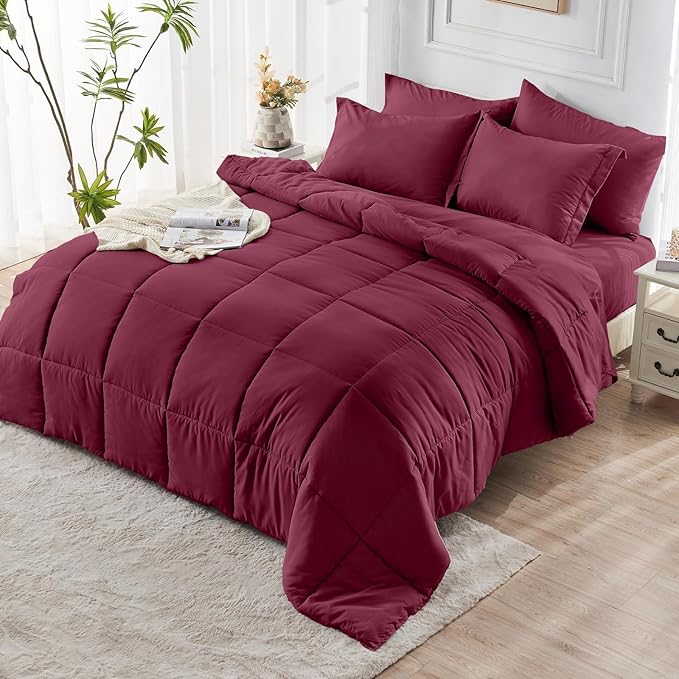 JOLLYVOGUE California King Comforter Set, Ultra-Soft Bed in a Bag Cal King Size 7 Pieces, Oeko-TEX Certified Bedding Set with Down Alternative Comforter, Sheets, Pillowcases & Shams, Burgundy