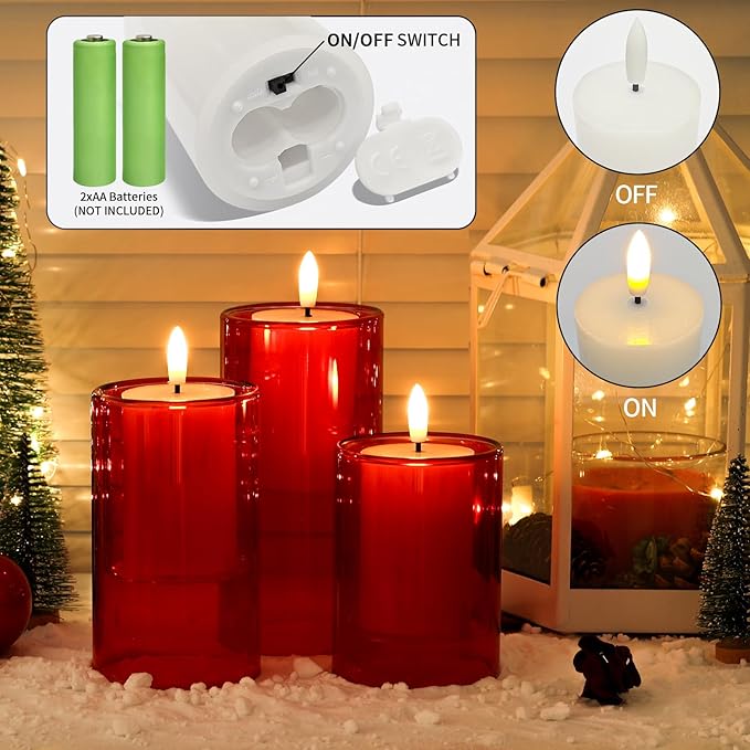 NURADA Flameless Candles with Remote Timer - Glass Real Wax 3D Wick LED Pillar Votive Candle Set Battery Operated Flickering Light for Christmas Home Wedding Party Decoration -Red 3 Pack