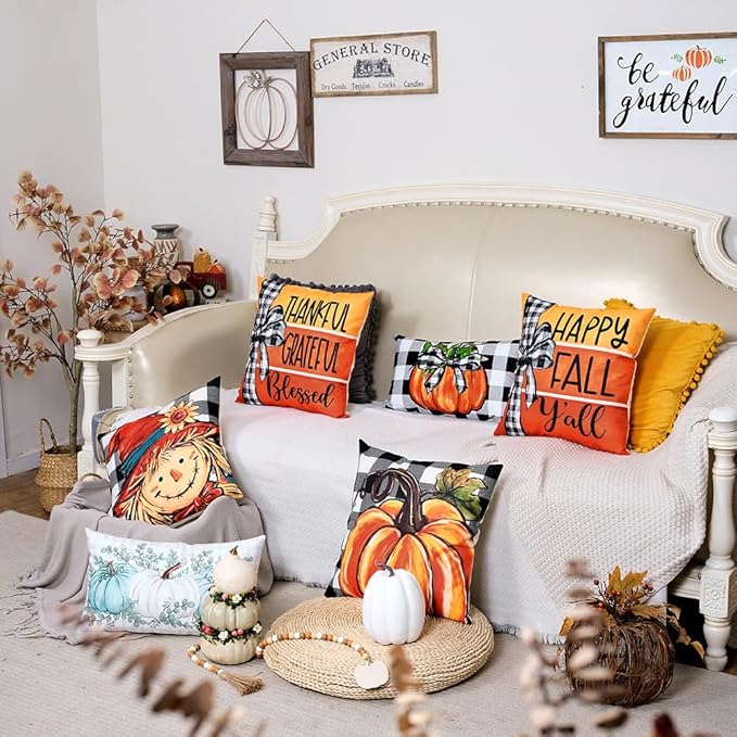 GEEORY Fall Throw Pillow Covers 20x20 Inch Set of 4, Pumpkin Scarecrow Buffalo Plaid Orange Autumn Seasonal Decorative Farmhouse Decoration for Home G563-20