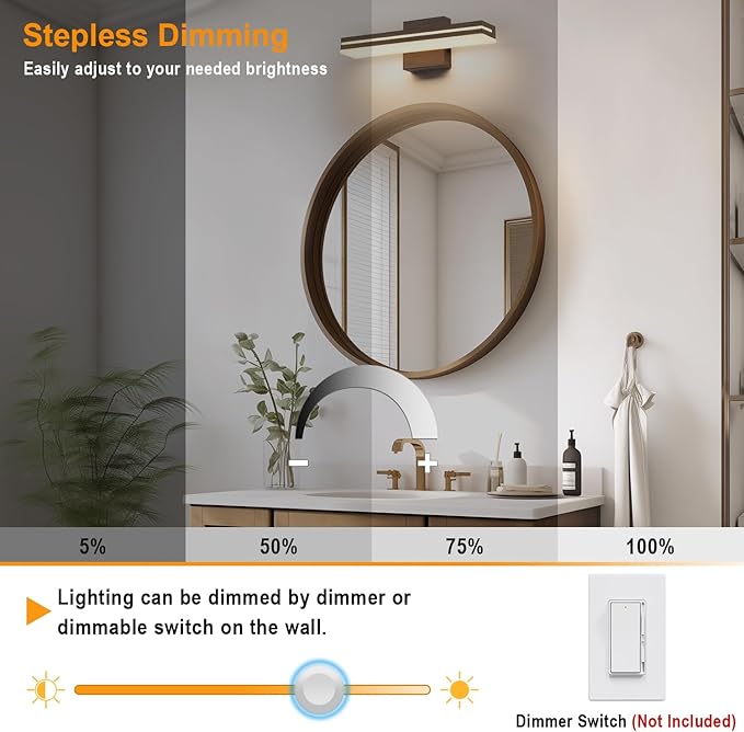 SineRise LED Modern Bathroom Vanity Light Fixtures (16-Inch, 3000K/4000K/6000K, Dimmable), Brown Wood Painted Modern Acrylic Bathroom Wall Lighting Fixtures Over Mirror