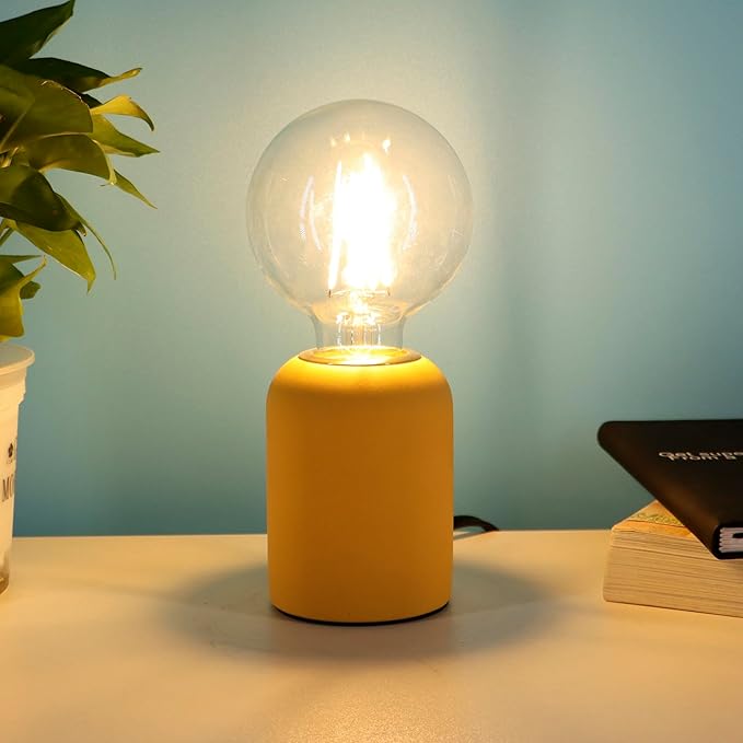 Mini Modern Yellow Concrete Bedside Table Lamp, 3.5 x 3.5 x 8.5 Inch Nightstand Lamps, with Spherical Bulb Round Side Table Lamp for Bedroom Living Room Entryway Table Lamps