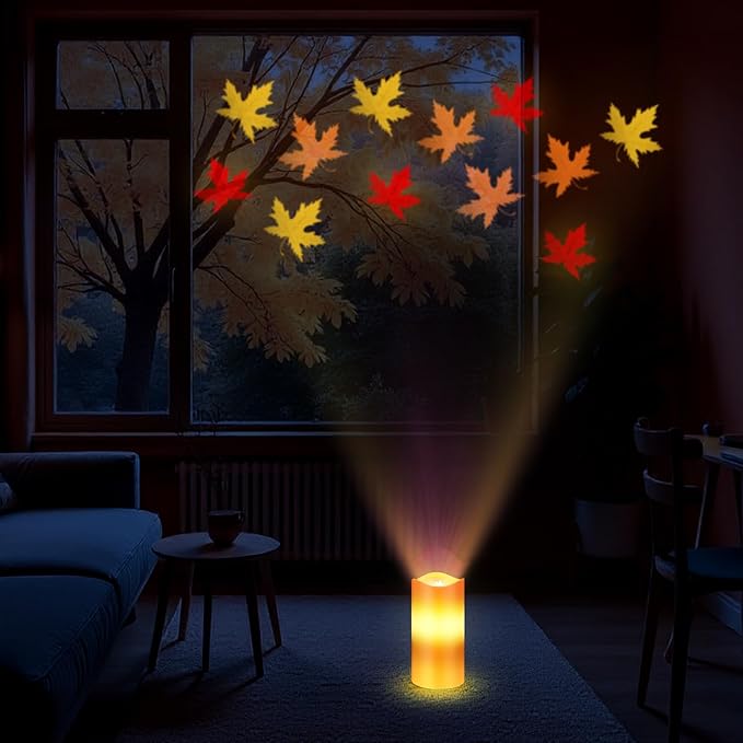 Fall Maple Leaf Flameless Candles Projector Lights Autumn LED Candle Night Light with Remote and Timer Battery Operated Electric Gifts for Fall Wedding Thanksgiving Harvest Halloween Decor