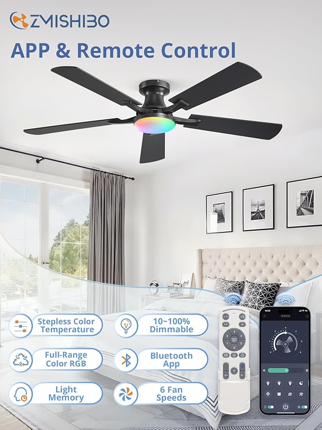 ZMISHIBO 52 Inch RGB Ceiling Fan with Light, App&Remote Control, Flush Mount Low Profile, Dimmable 20W LED Light, Quiet Reversible Motor for Bedroom, Living Room, Apartment, Black
