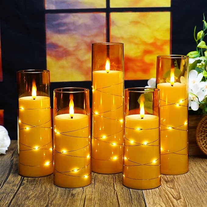 Flameless LED Candles with Timer 5 Pc Flickering Flameless Candles for Romantic Ambiance and Home Decoration Stable Acrylic Shell,with Embedded Star String,Battery Operated Candles(Gold)