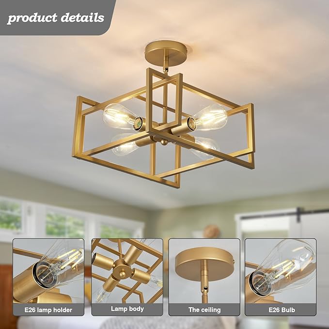 ZGLAOJT 4-Lights Ceiling Light Gold Light Fixture Industrial Flush Mount Ceiling Light Farmhouse Chandelier Lighting for Kitchen Island Dining Room Bedroom Foyer Hallway