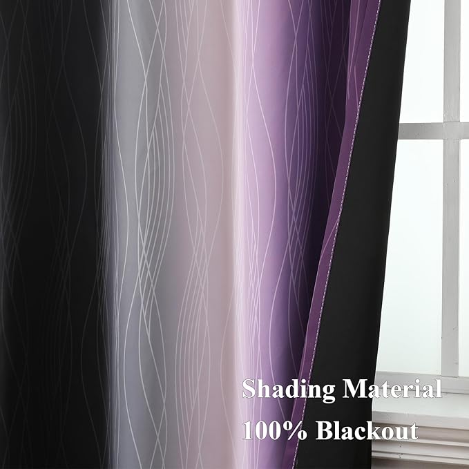 Estelar Textiler Black and Purple Ombre Blackout Curtains 54 Inch Length 2 Panels, Full Room Darkening Gradient Drapes for Kitchen, Thermal Insulated Grommet Short Curtains for Bedroom,52Wx54L
