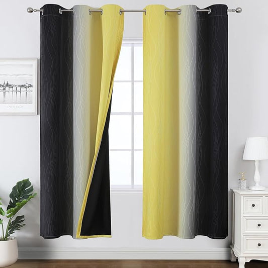 Estelar Textiler Yellow and Black Ombre Blackout Curtains for Bedroom, Thermal Insulated Gradient Blackout Drapes, Full Room Darkening Energy Saving Curtains for Living Room, 42Wx72L, 2 Panels