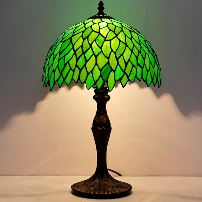 WERFACTORY Tiffany Table Lamp Green Wisteria Style Stained Glass Desk Bedside Reading Light 12X12X18 Inches Decor Bedroom Living Room Home Office S523 Series
