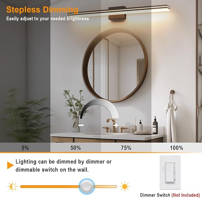 SineRise LED Modern Bathroom Vanity Light Fixtures (48-Inch, 3000K/4000K/6000K, Dimmable), Brown Wood Painted Modern Acrylic Bathroom Wall Lighting Fixtures Over Mirror