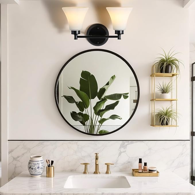 LOUSACE 2 Light Bathroom Vanity Light Matte Black Bathroom Lighting Fixtures Over Mirror with Opal White Frosted Glass, Vintage Traditional Wall Lighting Fixture Vanity Lights