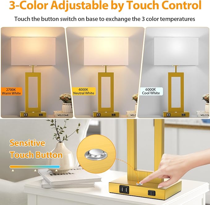 22ββ Touch Control Table Lamps Set of 2, 3 Color Temperatures Bedroom Bedside Lamps, Modern Gold Dimmable Lamps with USB Ports & AC Outlet, Tall Living Room Lamps for Nightstand End Table, 2 Bulbs