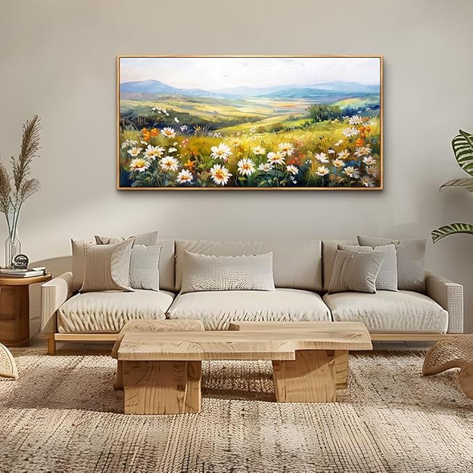 ZUITINGHUA Large Wood Framed Wall Decor For Living Room Canvas Wall Art For Office Modern Wall Decorations For Bedroom Pastoral Scenery Painting Flower Pictures Artwork Room Home Decor 24x48 In