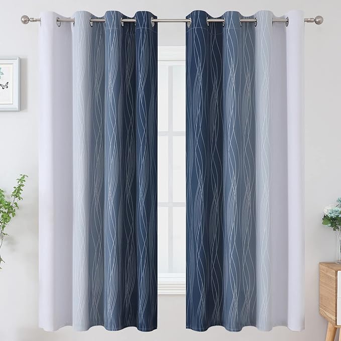 Estelar Textiler Full Room Darkening Greyish White and Navy Blue Blackout Curtains 63 Inch Length 2 Panels Set,Ombre Thermal Insulated Full Light Blocking Grommet Blackout Drapes for Boys Room,52Wx63L