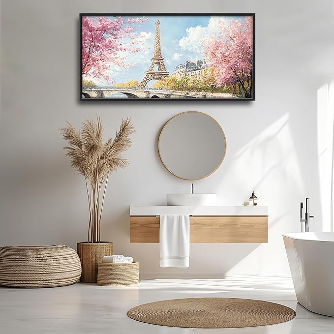 Eiffel Tower Framed Wall Art for Living Room, Large Paris Tower Canvas Wall Decor, Pink Cityscape Pictures Painting, Natural Landscape Modern Artwork for Living Room Bedroom 60L'' × 30W''