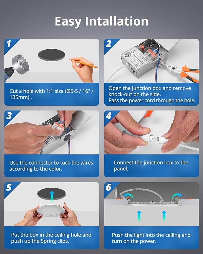 5 Inch LED Recessed Ceiling Light, 10W Dimmable Canless Wafer Downlight, Damp-Rated for Kitchen Living Room Basement Bathroom, Ultra Thin with Junction Box, 800LM 7CCT 2700K-6500K, 8 Pack
