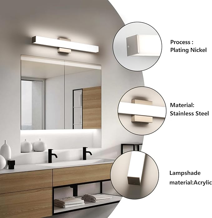 Bathroom Vanity Light Brushed Nickel Square LED 24 inch 14W 4000K Natural White Light Wall Bar Lighting Fixtures Over Mirror (Brushed Nickel, 24inch 4000K Dimmable)