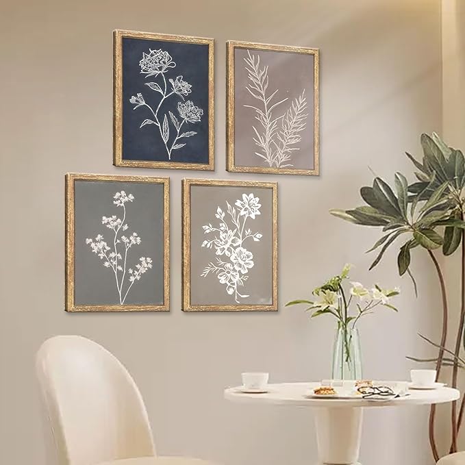 GUMEYJIA Boho Wall Art Set of 4 for Framed Minimalist Botanical Print Canvas Art Rustic Vintage Farmhouse Home Kitchen Wall Decor (8x10 in)