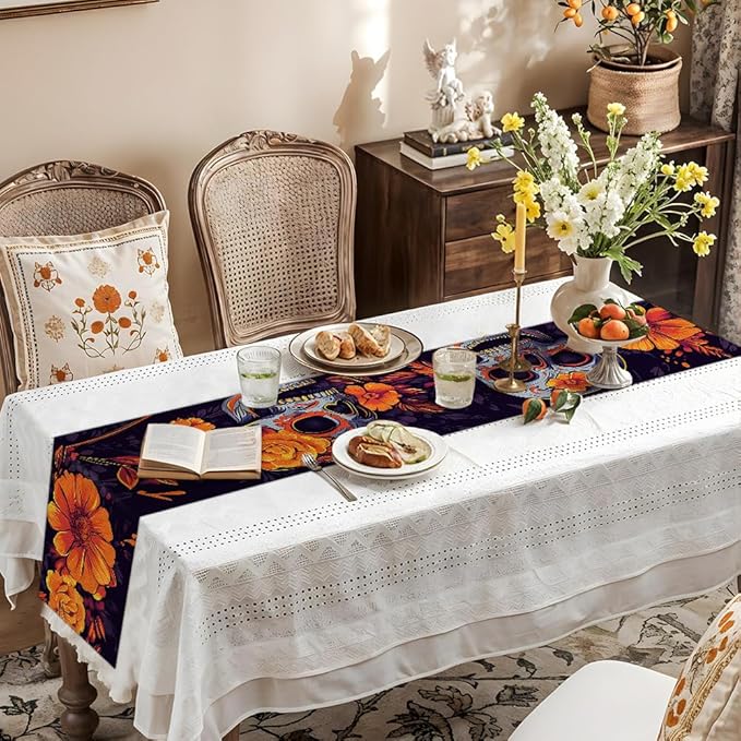 ANNA QUEEN Skull Flower Halloween Table Runner 13 x 72 Inch for Dining Table, Table Runner for Fall Dining Decor Indoor Outdoor Party Home Table Halloween Decoration