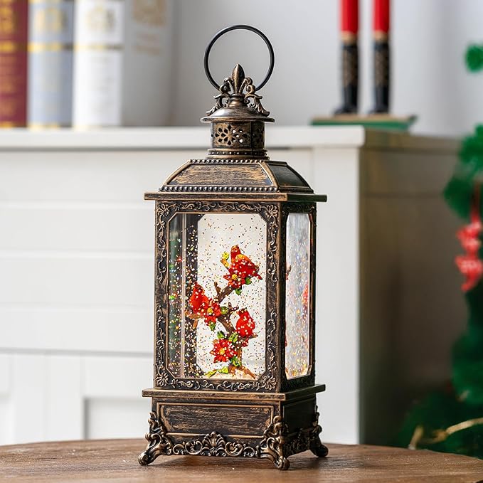 Christmas Snow Globe Water Glittering Cardinal Lantern with Music & Timer, USB Lined/Battery Operated Lighted Lantern for Christmas Festival Decoration Gifts
