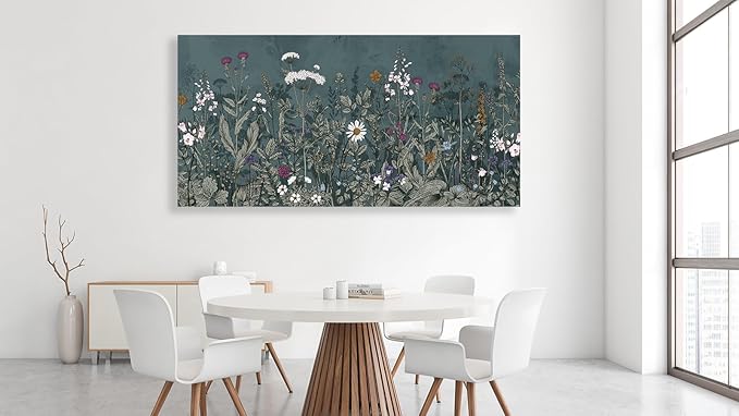 NINEASO Botanical Canvas Wall Art - Dusty Blue Wildflower Nature Pictures Bloom Floral Wall Decor Flower Plants Painting Print Artwork for Living Room Bedroom Home Office Decorations 24" x 48"