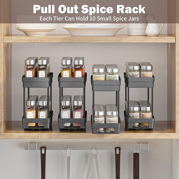 Pull Out Spice Rack Organizer for Cabinet, 3 Packs Slide Out Spice Racks Organizer, Spice Cabinet Organizers, Cabinet Size Need:12'' Highx11'' Deepx5'' Wide,Each Tier Hold 10 Spice Jar - 2 Tier, Black