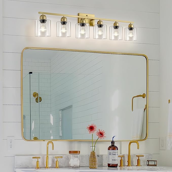 6 Light Gold Bathroom Vanity Light, Gold Vanity Lights for Bathroom with Clear Glass, 38 inch Wall Lamp for Oversized Mirrors Living Room Bedroom Hallway E26 Base