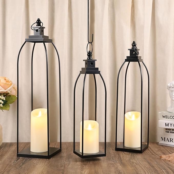 3 Pcs Black Metal Decorative Candle Lantern Set, 16'' 19'' 22'' Modern Lantern with 3 Flameless Candles for Indoor & Outdoor, Decorative Large Lanterns for Porch, Patio, Fireplace & Home Decor