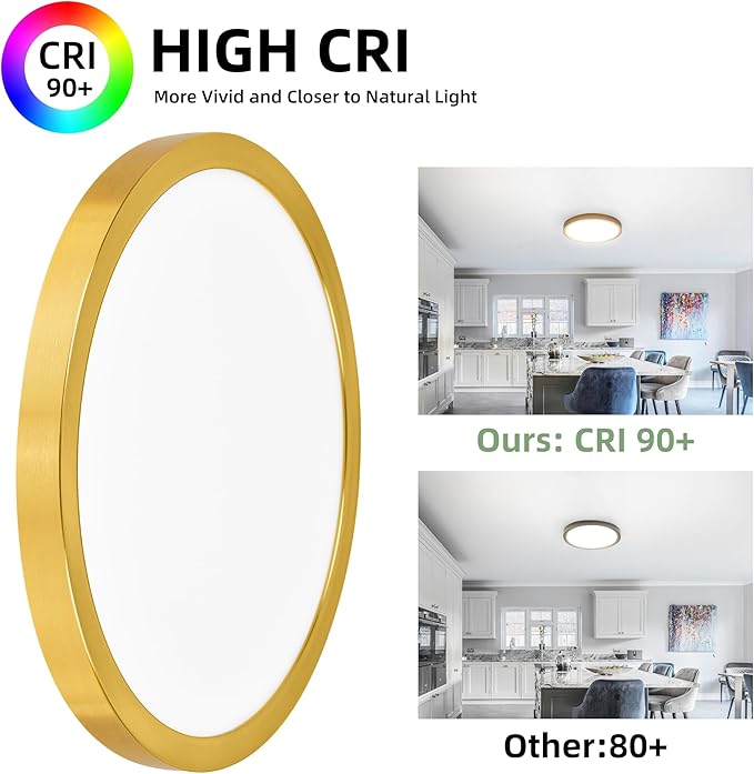 hykolity 12 Inch Selectable CCT LED Round Flat Panel Light, 24W 3000K/4000K/5000K, Edge-Lit Flush Mount Ceiling Light Fixture for Kitchen, Bedroom, Laundry and Closet Room,Gold