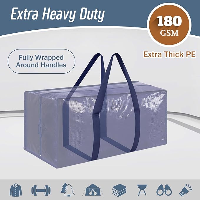 12 Pack Extra Heavy Duty Large Moving Bags with Strong Zipper & Comfortable Handles, Sturdy & Durable Clothes Storage Bags Totes Bins, Packing Moving Boxes for College Supplies, Dark Blue